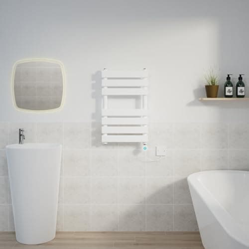 Image of Warmehaus 650x400mm White Designer Flat Panel Electric Heated Towel Rail Thermostatic Timer Bathroom Towel Radiator 400W