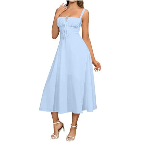 Image of Zeiayuas Milk Maid Dress Women UK Sale Clearance Spaghetti Strap Square Neck Sleeveless Midi Dress Evening Wedding Guest Dresses Summer Elegant Party Mermaid Dresses Ladies Milkmaid Sundress Blue