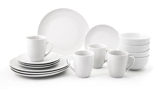Image of 16PC Dinnerware Porcelain White Set: 4 Dinner Plates, 4 Side Plates, 4 Bowls & 4 Mugs. Dishwasher & Microwave Safe.