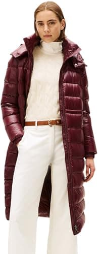 Image of Tommy Hilfiger Women's Gloss Down Waist Maxi Puffer Jacket with Stand Collar, Red (Deep Burgundy), S