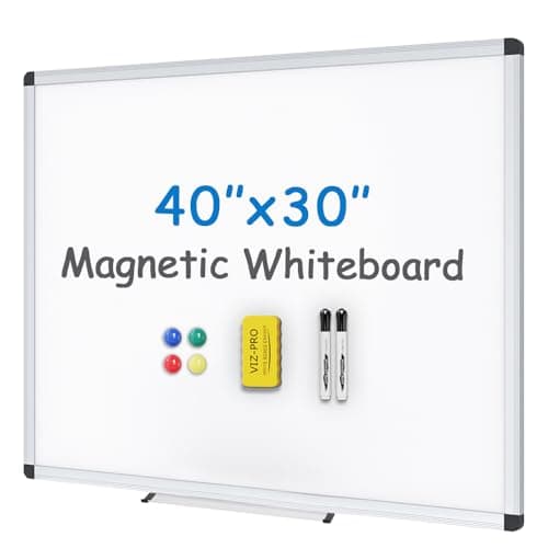 Image of VIZ-PRO Magnetic Whiteboard for Wall 100 x 80 cm, Dry Erase White Board with 2 Markers, Pen Tray & Silver Aluminium Frame, Writing Board for School Office Home