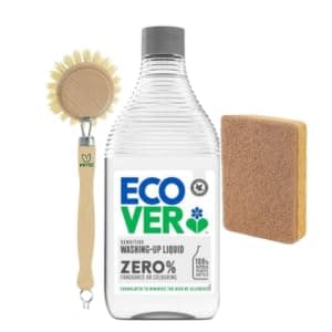 Image of Eco Friendly Cleaning Bundle Ecover Zero Washing Up Liquid 450ml with Pryse Compostable Eco Sponge Scourer & Wooden Dish Brush