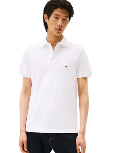 Image of Tommy Hilfiger Men's Short Sleeve Polo Shirts in Slim Fit with Stretch and Organic Pique Cotton, White, Medium