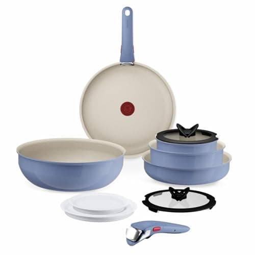 Image of Tefal Ingenio Blue 11-Piece Non-Stick Cookware Set – Induction Frying Pans, Wok, Saucepans with Glass Lids, Detachable Handles, Oven Safe, Stackable, L829SB04