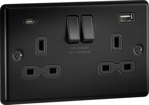 Image of Knightsbridge 13A 2G SP Switched Socket with Dual USB C+A 5V DC 4.0A [Shared] - Matt Black with Black Insert