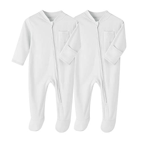 Image of BINIDUCKLING Unisex Infant 2-Pack Zip-Up Baby Onesies Cozy Footed Newborn Bodysuits Baby Clothes Solid Color Cotton Rompers, White 6 Months