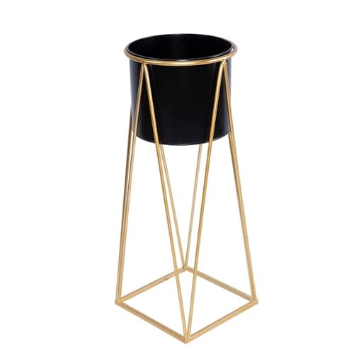 Image of green leaves Metal Planter Stand with Plant Pot Flower Pot for Indoor Balcony Flower Rack (Black, Large)