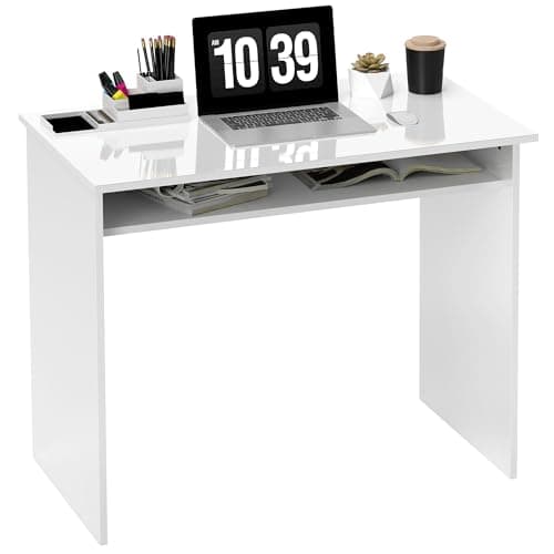 Image of HOMCOM Modern Computer Desk, Home Office Table, Small Writing Desk with Storage Shelf, 90 x 50cm, High Gloss White