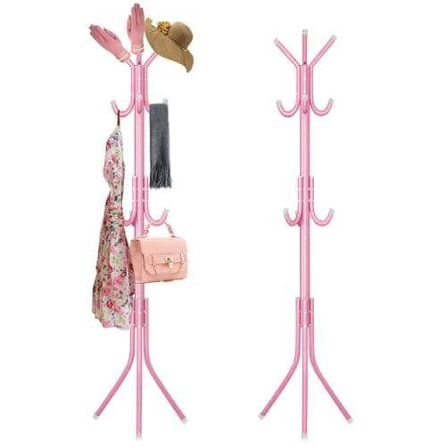 Image of Swpeet 1 Pack 68'' Coat Rack, Freestanding Hat Rack, Clothing Rack, Metal Coat Tree Stand Kit Contains 11 Hook 2 Tube 22 Pipe Sleeve 22 Screw 22 Gasket 1 Pipe Plug 1 Hex Wrench for Jacket, Bag, Pink