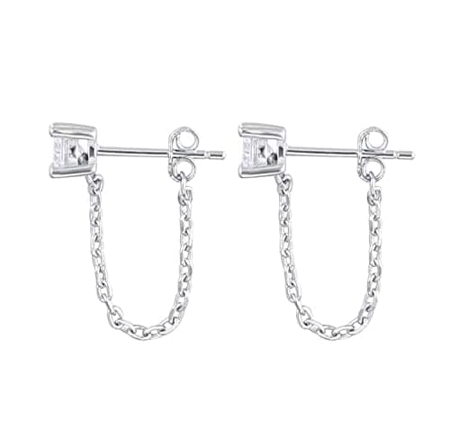 Image of Reffeer Solid 925 Sterling Silver CZ Chain Studs Earrings Dangle for Women Earrings CZ Chain Drop Earrings Studs (A-Silver)