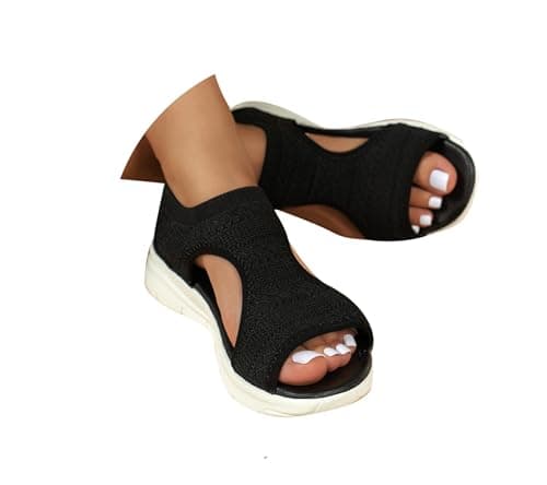 Image of HEONSATI Women's Comfortable Wedge Sandals, Size 6 UK, Black, For Elderly Women & Women with Foot Conditions