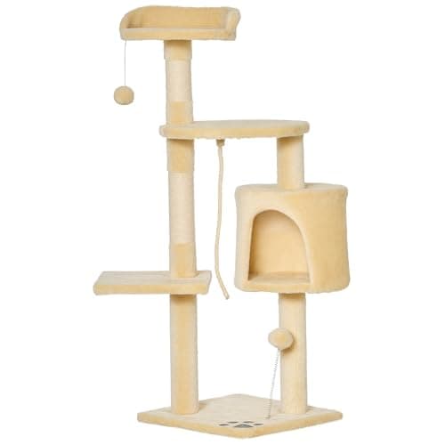 Image of PawHut Cat Tree for Indoor Cats Pet Activity Centre Kitty Condo Climbing Scratching Post with Toys 4-tier 114cm Tall Beige