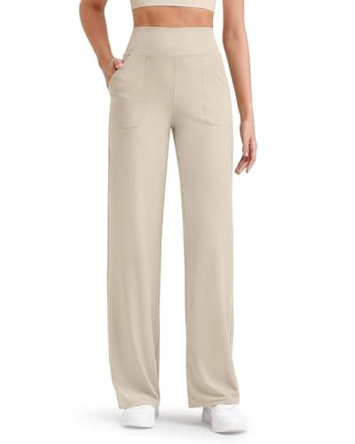 Image of G4Free Wide Leg Trousers for Women UK with Pockets High Waist Lightweight Ribbed Ladies Yoga Pants Straight Leg Joggers(Light Khaki, L)