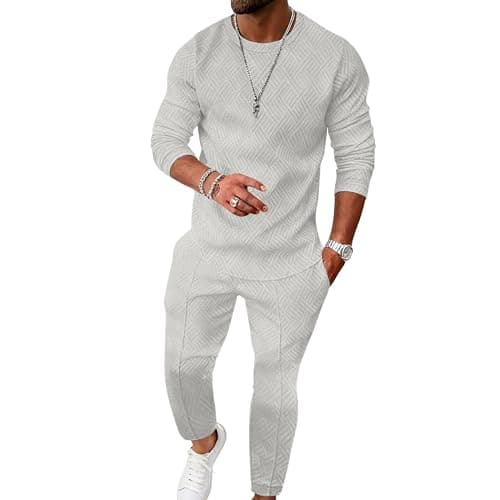 Image of UOUA Men's 2 Piece Sweat Suits Set Long Sleeve Sweatshirt Jogging Sweatpants Tracksuits Outfits Mottle-Grey 2XL