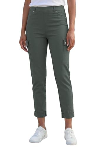 Image of Roman Cargo Trousers for Women UK Ladies Stretch Combat Pants Turn Up High Waist Rise Pull On Smart Casual Slimming Work Office Fitted Straight Leg Pockets Summer - Khaki - Size 16