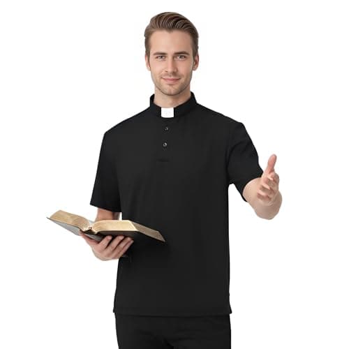 Image of ANDHOM Men's Clergy Tab Collar Polo Shirt Short Sleeve Pastor Minister Preacher Shirt Black