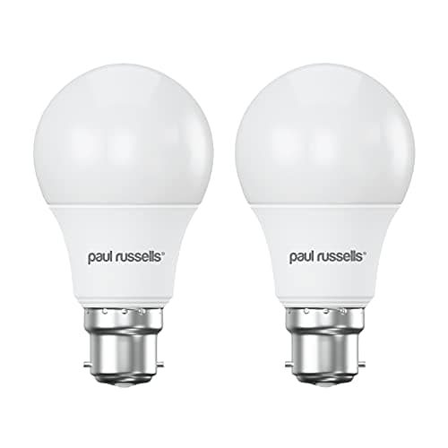 Image of paul russells LED GLS Light Bayonet Cap BC, 60w Equivalent, 8watt 806LM LED Bulbs, 2700K Warm White Lamp, Classic Frosted A60 Standard B22 Energy Saving Non-Dimmable Large Globe Lightbulbs, 2 Pack