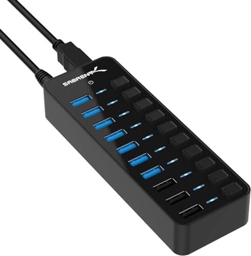 Image of SABRENT Powered USB Hub 10 Ports 60W, 3 Smart Charging Ports, 7 Fast Data Transfer Ports, USB Docking Station with Switches (HB-B7C3)