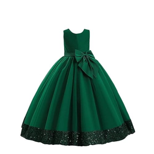 Image of Children's Sequin Children's Dress Big Bow Dress Girl Flower Girl Dress Kids Dress (Dark Green, 11-12 Years)