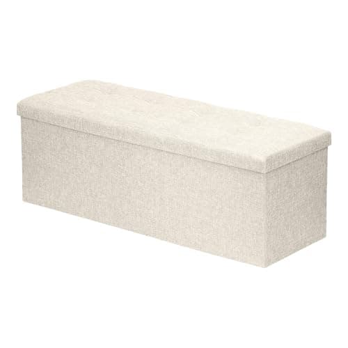 Image of Harbour Housewares Foldable Storage Ottoman - 111 x 37 x 39cm - Cream Linen - 1x Large Wooden End of Bed Bedroom Living Room Toy Chest Shoe Box Blanket Bench Footstool Foot Stool Seat with Lid