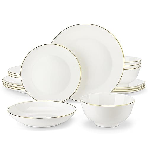 Image of MALACASA Dinner Sets for 4, 16 Piece Fine Bone China Plates and Bowls Sets Round White and Gold Rim Dinnerware Sets with Dinner Plates/Bowls/Dessert Plate/Soup Plate, Series NORI