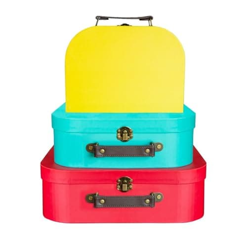 Image of Sass & Belle Brights Retro Kids Suitcases – Set of 3 Colourful Storage Boxes. for Decorative Organisation, Vintage-Style Cardboard Cases for Bedroom or Playroom