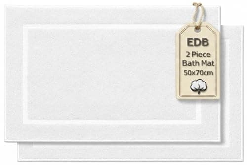 Image of EDB Pack of 2 Terry Toweling Bath Mats Set 100% Cotton Maximum Absorbency Quick Dry 50 x 70 cm Machine Washable Soft 1000-GSM (White)