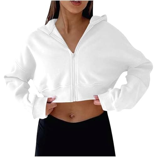 Image of Women's Hoodies Zip Up Hoodie Women UK Cropped Sweatshirts Long Sleeve Pullover Solid Color Sports Gym Running Crop Tops Jacket Sportswear Streetwear Trendy Y2K Loose Ladies Blouses White