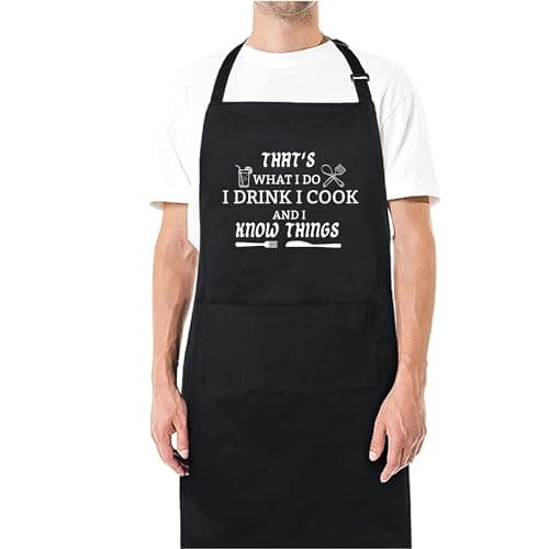Image of Be Buz Funny BBQ Black Chef Aprons for Men, I Cook and I Know Things Adjustable Kitchen Cooking Aprons with Pocket Birthday Father’s Day Christmas Valentine’s Day Gifts for Dad, Husband