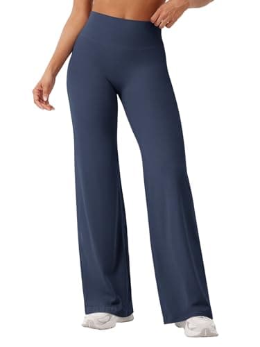 Image of YEOREO Seamless Yoga Trousers Women Straight Leggings High Waist Flared Leggings Sports Yoga Leggings Women Opaque Flared Trousers Navy Blue S