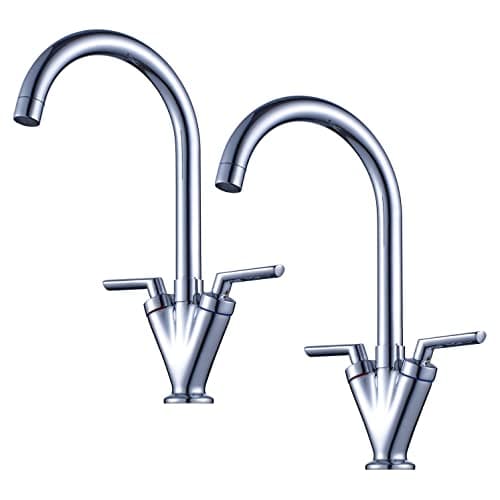 Image of Xcel Home™ 2 x Chrome Dual Lever Kitchen Mixer Tap | Monobloc 360° Swivel Swan Neck Spout with Hoses & Standard Sink Fittings (2 Taps)