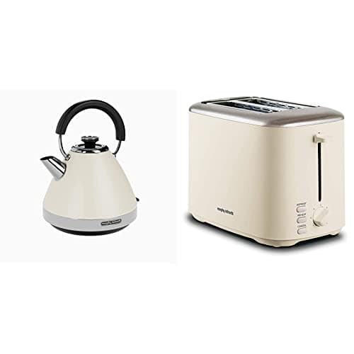 Image of Morphy Richards 100132 Venture Pyramid Kettle Cream & 222065 Cream Equip 2 Slice Stainless Steel Toaster, 800 W, Cream