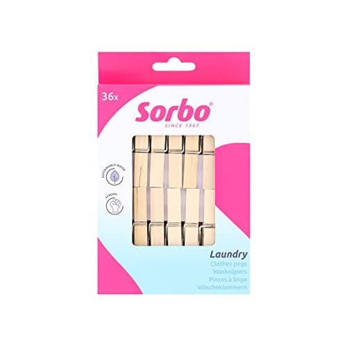Image of Sorbo Birchwood Wooden Pegs, 36 Pack, Non-Splinter, Suitable for Indoor and Outdoor Use, 7 Coil Spring, Extra Strong and Durable, Brown