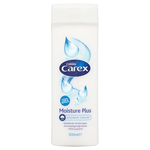 Image of Carex Moisture Plus Shower Cream 500ml Shower cream containing milk protein; a natural skin moisturiser. Cleans and cares.