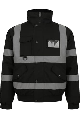 Image of BLOOM BLENDS High Visibility Bomber Jacket Waterproof Reflective Safety Coat – Hi Vis Workwear Winter Jacket with fleece Lining, Waterproof Outer & Removable Hood (UK, M, Black)