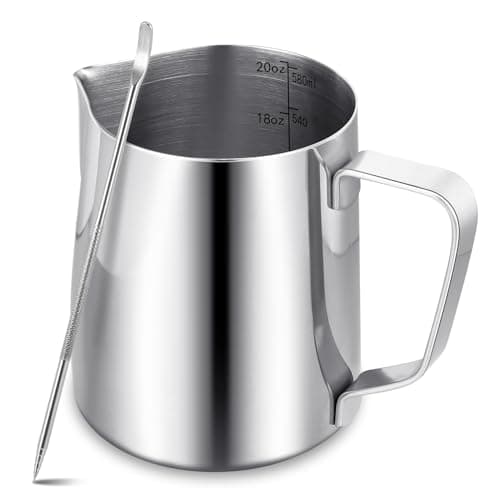 Image of Milk Frother Jug for Coffee Machine - 600ml/20oz 304 Stainless Steel Milk Pitcher Cup with Decorating Art Pen,Metal Barista Accessories for Cappuccino Latte and Espresso,Dishwasher Safe
