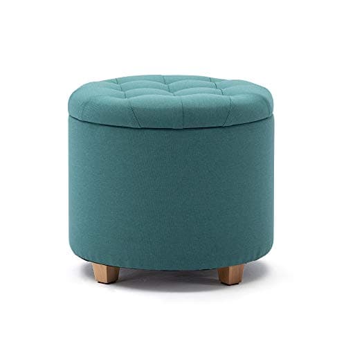 Image of HNNHOME 45cm Round Linen Padded Seat Ottoman Storage Stool Box, Footstool Pouffes Chair with Lids (Light Green)