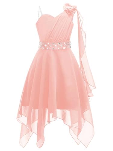 Image of YiZYiF Kids Girl's One Shoulder Junior Bridesmaid Dresses Irregular Princess Prom Party Dresses Summer Dress Pink 11-12 Years