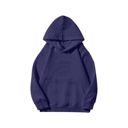 Image of Boys Girls Plain Hoodie with Pocket Loose Hoodies Kids School Jumper Solid Color Long Sleeve Hooded Sweatshirt Cotton Sports Pullover Outdoor (Navy, 9-10 Years)