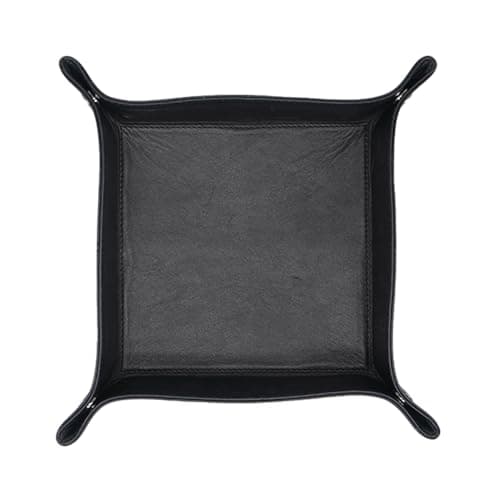Image of WASAMA Genuine Leather Valet Tray | Full Grain Leather Organiser with Corner Button Design | Square Catchall Tray for Keys, Wallet, Coins, Jewellery (Midnight Noir)