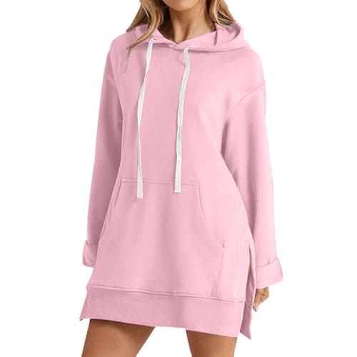 Image of AMDOLE Womens Ladies Plain Hoodie Pullover Longline Hoody Soft Casual Hooded Sweatshirt Top Long Sleeve Jacket Jumper Dress for Women UK Pink L