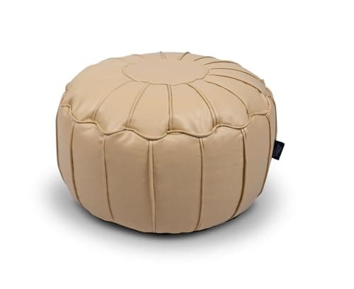 Image of Littens Cream Faux Leather Round Moroccan Beanbag Pouffe Seat Bean Bag Footstool Piped Detailing