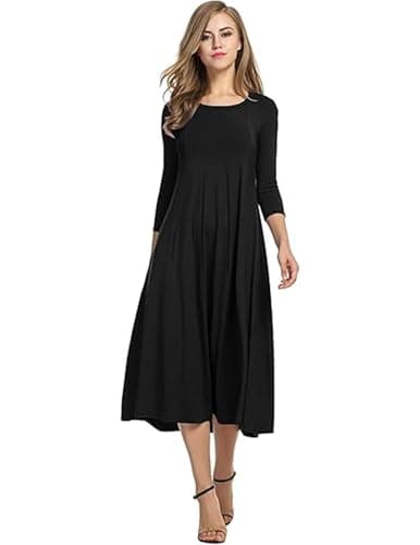 Image of HOTOUCH Women Midi Dresses Elegant 3/4 Sleeve Tunic Dresses A Line Summer Dress Solid Round Neck Dresses with Pockets Black M