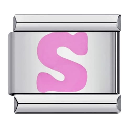 Image of Mon & Sons S Pink Letter Initial Name Alphabet Personalised Charm Silver 9mm Italian Link Link Charm Compatible With Bracelet