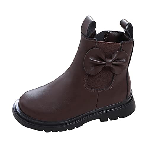 Image of Boots for Girls Kids Leather Ankle Boots with Bow Fashion Anti-Slip Comfy Lightweight School Shoes with Zipper Waterproof Girls Holiday Party Dress Boots Outdoor (Brown, 1.5 Big Kids)