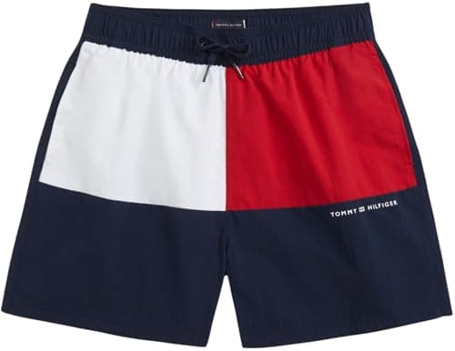 Image of Tommy Hilfiger Boy's Medium Drawstring UB0UB00591 Swim Trunk, Blue (Dark Night Navy), 12-14 Years