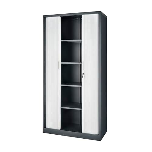 Image of POLLOR Tambour Storage Cabinets, Lockable Steel Office Cupboard Rolling Sliding Door, 50kg Load Capacity Per Shelf (Anthracite Grey/White, 185cm)