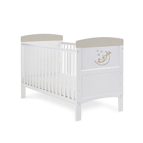 Image of Obaby Guess How Much I Love You Cot Bed – Adjustable Convertible Baby Bed – To The Moon & Back – White