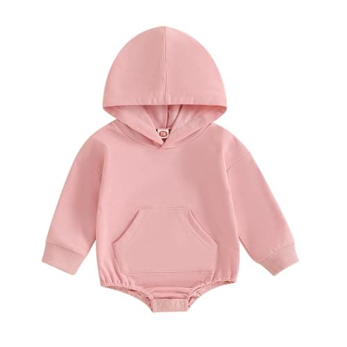 Image of Himllauen Infant Baby Boy Girl Hoodie Romper Solid Color Long Sleeve Front Pocket Bodysuit Newborn Toddler Boy Girl Autumn Jumpsuit (Pink, 0-3 Months)