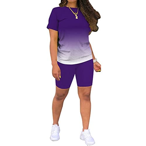 Image of PINSV Women'S 2 Piece Outfits Summer Printing Bodycon Short Pants Workout Sets Two Tracksuit Tshirt Shorts Jogger Set Purple Gradient XXL, 5-purple Gradient, XX-Large